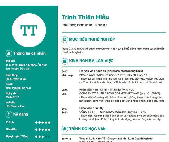 Mẫu CV Phó Phòng Hành chính - Nhân sự