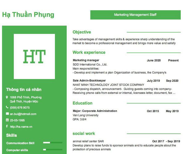 Mẫu CV Marketing Management Staff