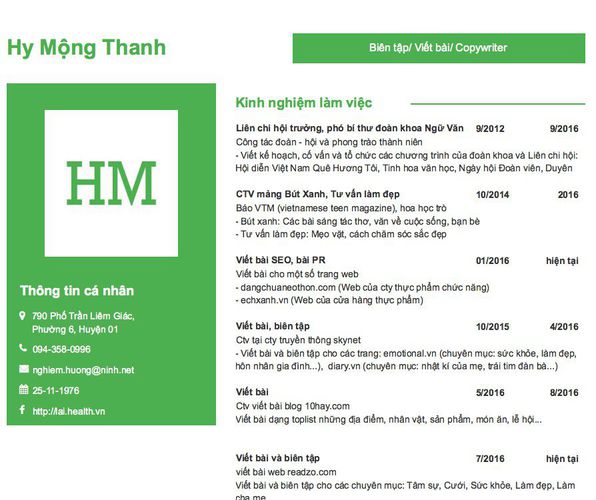 Mẫu CV Biên tập/ Viết bài/ Copywriter