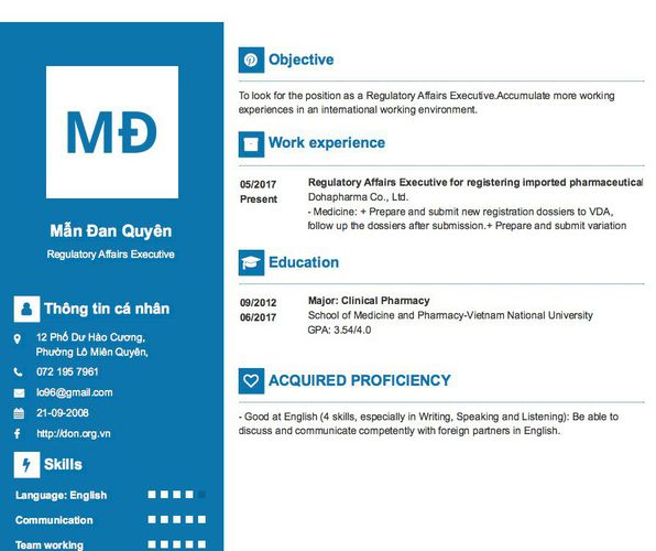 Mẫu CV Regulatory Affairs Executive