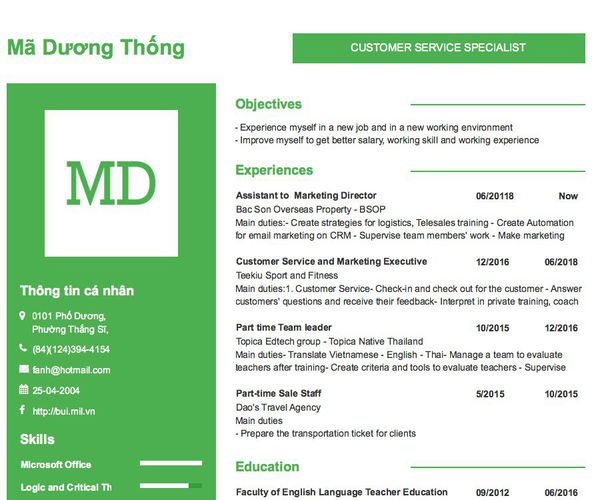 Mẫu CV CUSTOMER SERVICE SPECIALIST