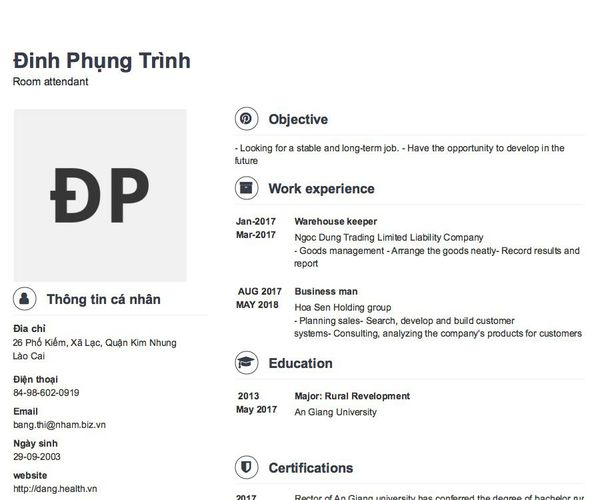 Mẫu CV Room attendant