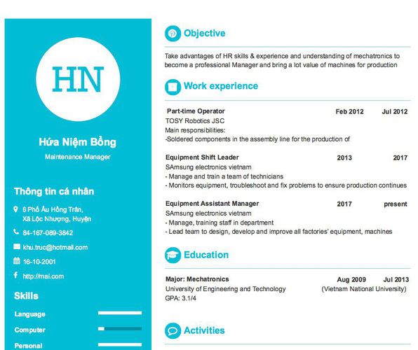Mẫu CV Maintenance Manager