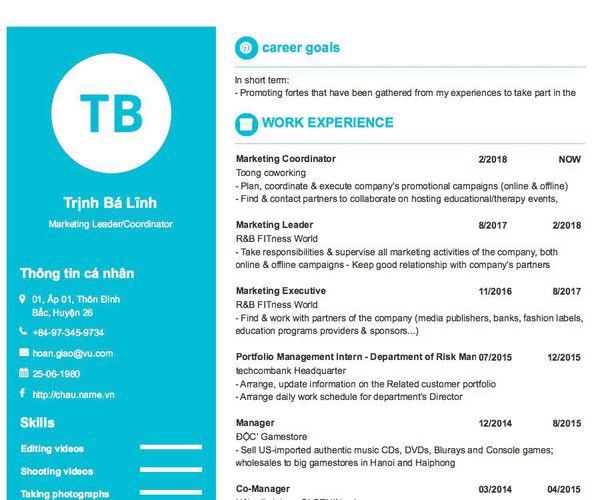 Mẫu CV Marketing Leader/Coordinator