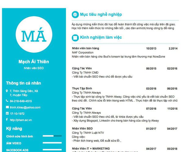 Mẫu CV Nhân viên SEO