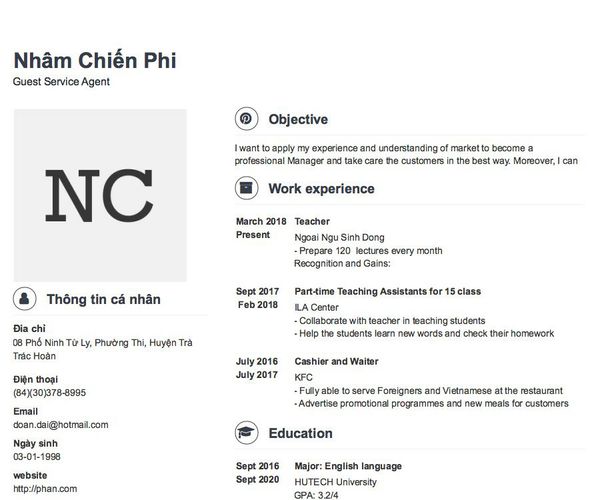 Mẫu CV Guest Service Agent