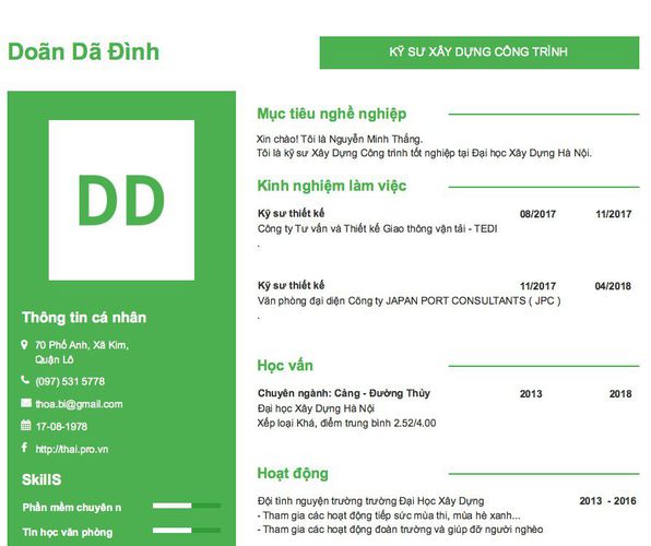 Mẫu CV KỸ SƯ XÂY DỰNG CÔNG TRÌNH