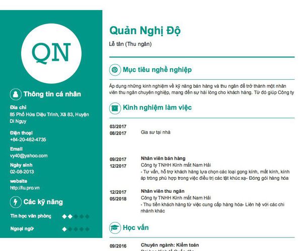 Mẫu CV Lễ tân (Thu ngân)