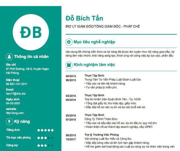 Mẫu CV tRỢ LÝ GIÁM ĐỐC/TỔNG GIÁM ĐỐC - PHÁP CHẾ