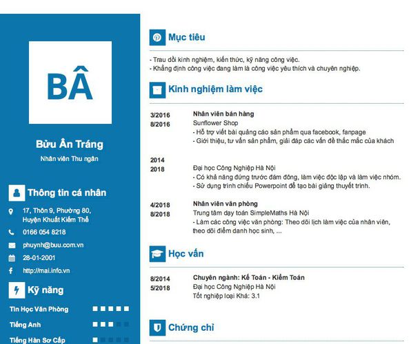 Mẫu CV Nhân viên Thu ngân
