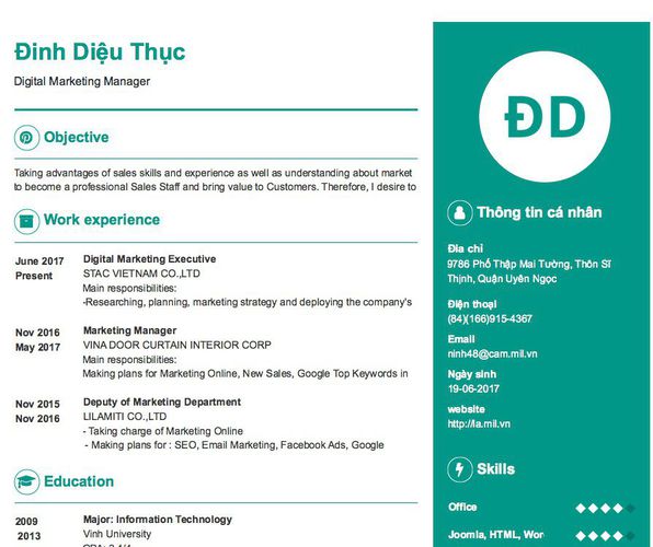 Mẫu CV Digital Marketing Manager