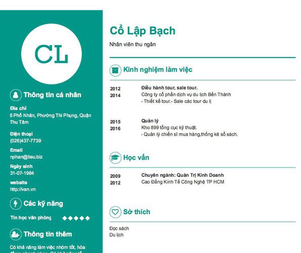 Mẫu CV Nhân viên thu ngân