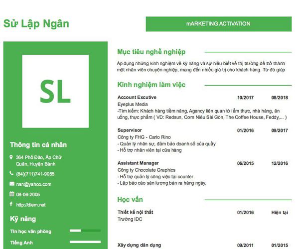 Mẫu CV mARKETING ACTIVATION