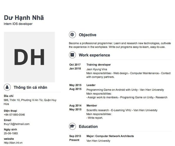 Mẫu CV Intern iOS developer