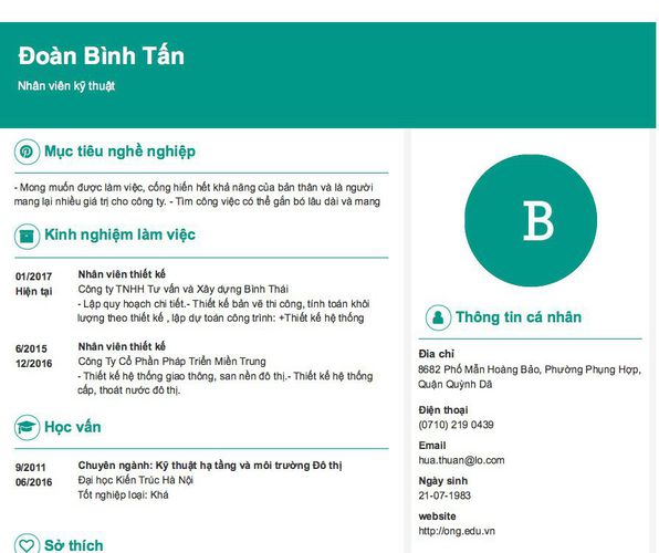 Mẫu CV Nhân viên kỹ thuật