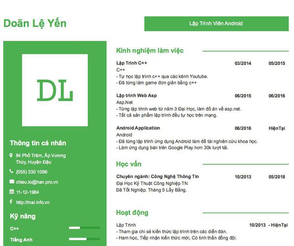 Mẫu CV Lập Trình Viên Android