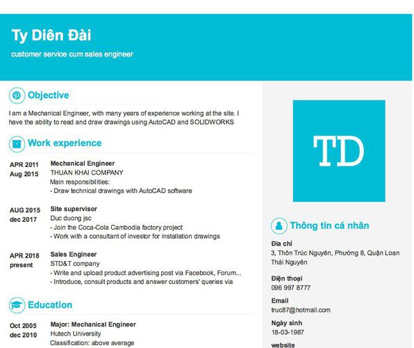 Mẫu CV customer service cum sales engineer
