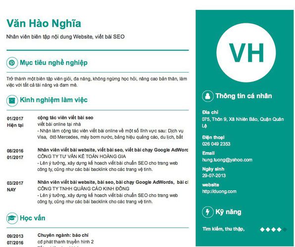 Mẫu CV Nhân viên biên tập nội dung Website, viết bài SEO