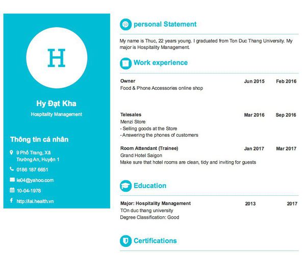 Gợi ý cách viết Mẫu CV tham khảo Hospitality Management