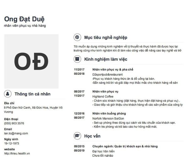 Mẫu CV nhân viên phục vụ nhà hàng
