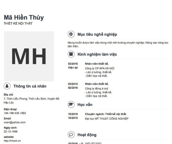 Mẫu CV THIẾT KẾ NỘI THẤT