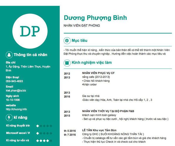 Mẫu CV NHÂN VIÊN ĐẶT PHÒNG