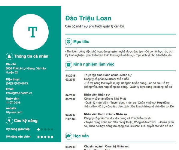 Mẫu CV Cán bộ nhân sự phụ trách quản lý cán bộ