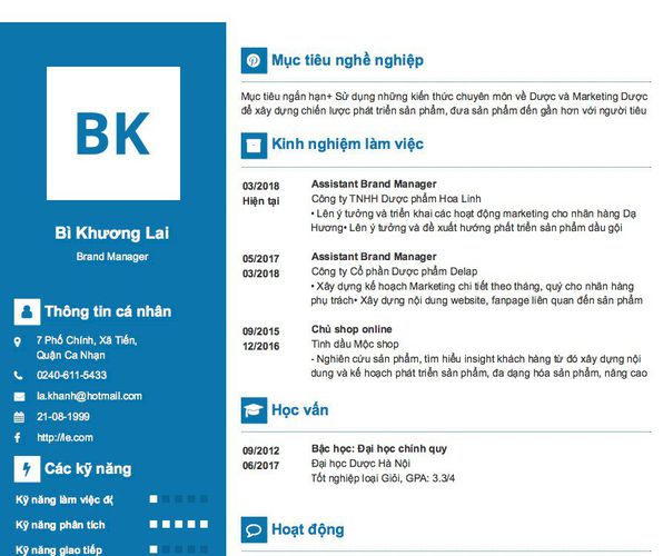 Mẫu CV Brand Manager