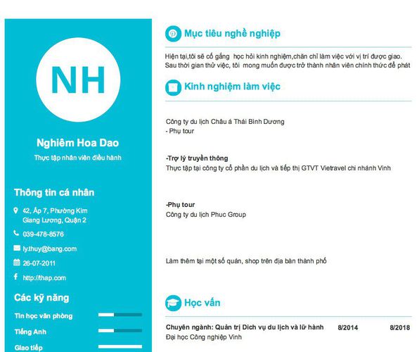 Mẫu CV Thực tập nhân viên điều hành