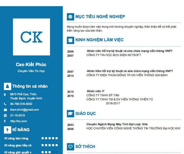 Mẫu CV Chuyên Viên Tin Học