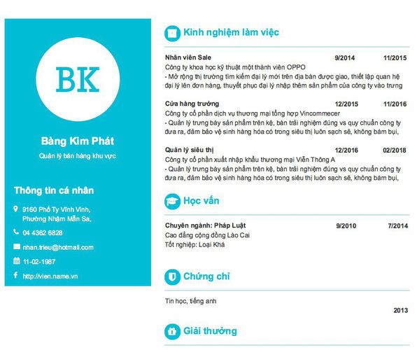 Mẫu CV Quản lý bán hàng khu vực