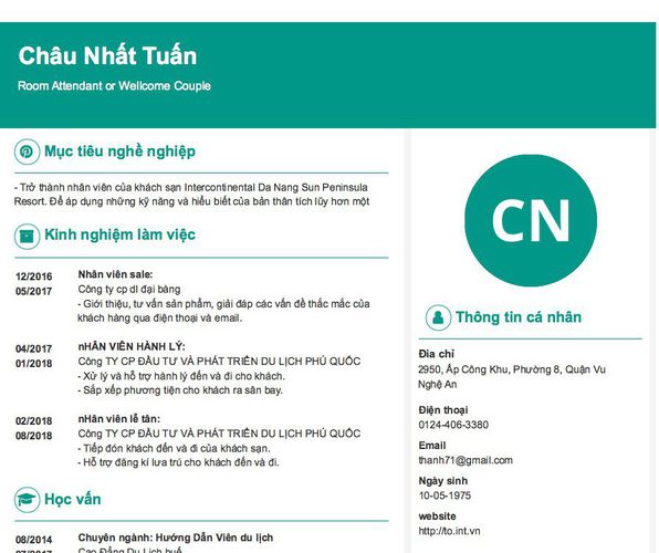 Mẫu CV Room Attendant or Wellcome Couple