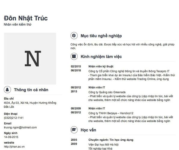 Mẫu CV Nhân viên kiểm thử