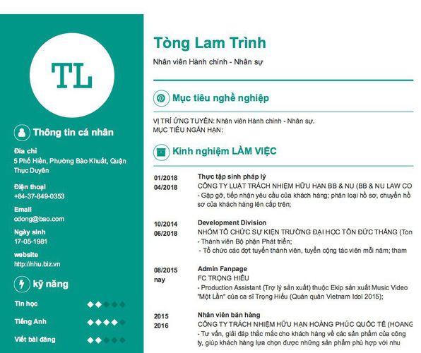Mẫu CV Nhân viên Hành chính - Nhân sự
