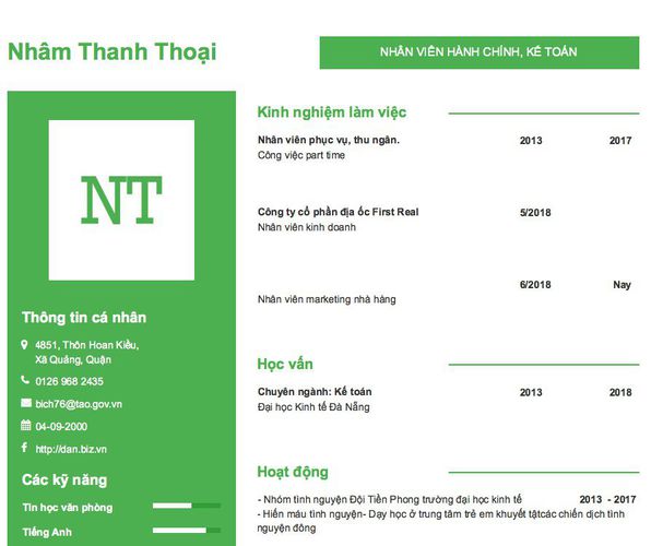 Mẫu CV NHÂN VIÊN HÀNH CHÍNH, KẾ TOÁN