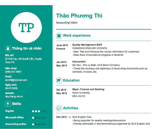Mẫu CV Accounting Intern