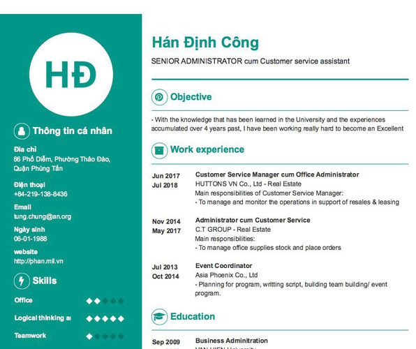 Mẫu CV SENIOR ADMINISTRATOR cum Customer service assistant