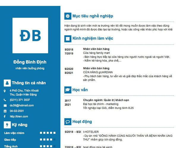 Mẫu CV nhân viên buồng phòng