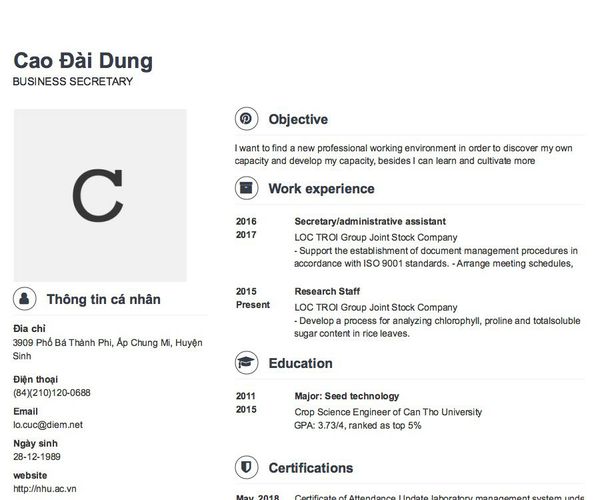 Mẫu CV BUSINESS SECRETARY