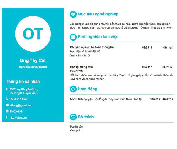 Mẫu CV Thực Tập Sinh Android