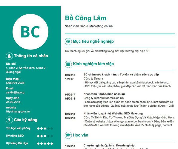 Mẫu CV Nhân viên Seo & Marketing online