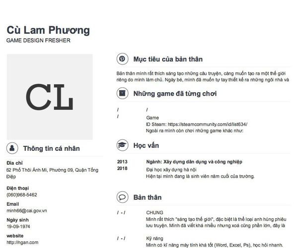 Mẫu CV GAME DESIGN FRESHER