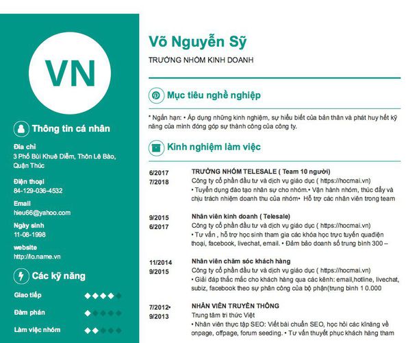 Gợi ý cách viết Mẫu CV tham khảo TRƯỞNG NHÓM KINH DOANH