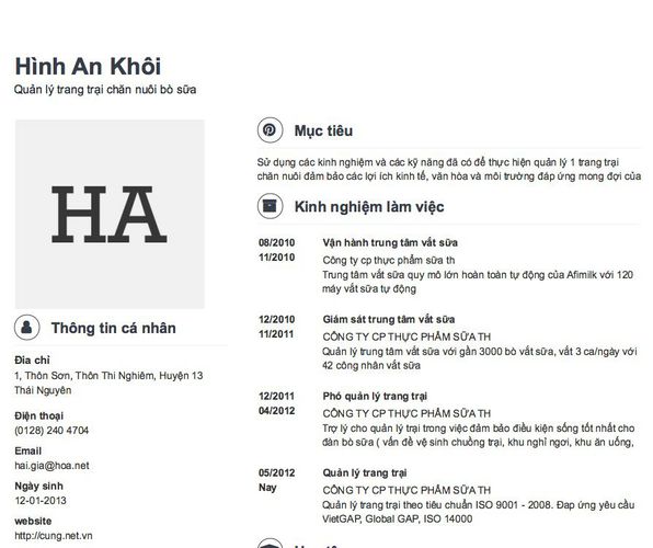 Mẫu CV Quản lý trang trại chăn nuôi bò sữa