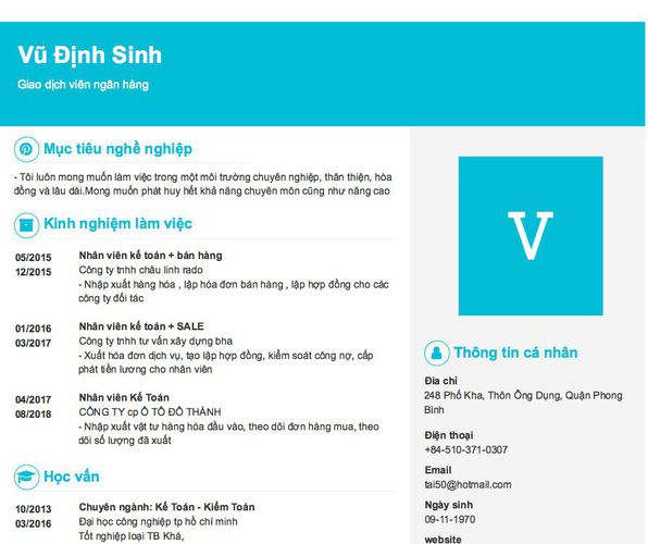 Mẫu CV Giao dịch viên ngân hàng