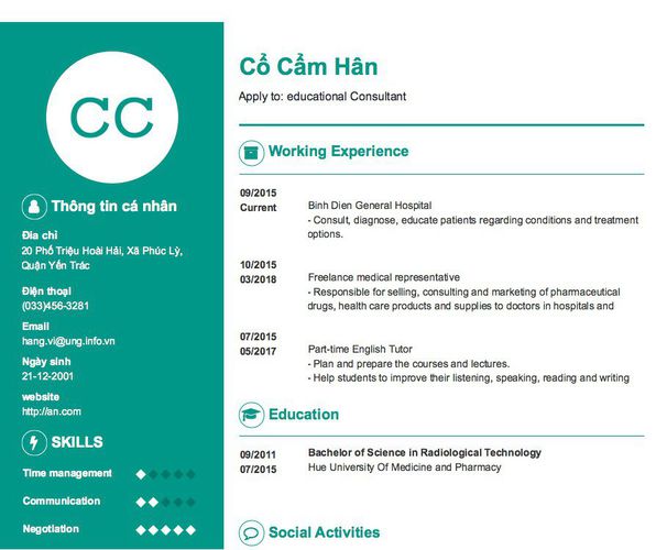 Mẫu CV Apply to: educational Consultant