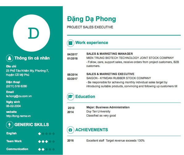 Mẫu CV PROJECT SALES EXECUTIVE