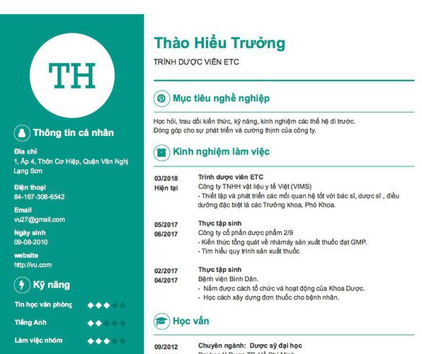 Mẫu CV TRÌNH DƯỢC VIÊN ETC