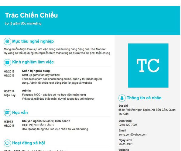 Mẫu CV trợ lý giám đốc marketing