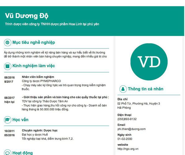 Gợi ý cách viết Mẫu CV tham khảo Trình dược viên công ty TNHH dược phẩm Hoa Linh tại phú yên